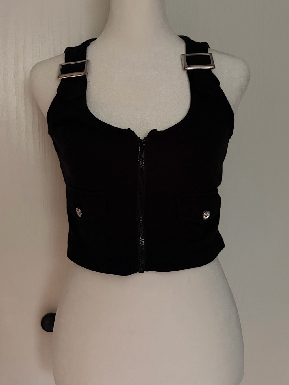 Black Zip Crop Tank/Vest with Buckle Straps